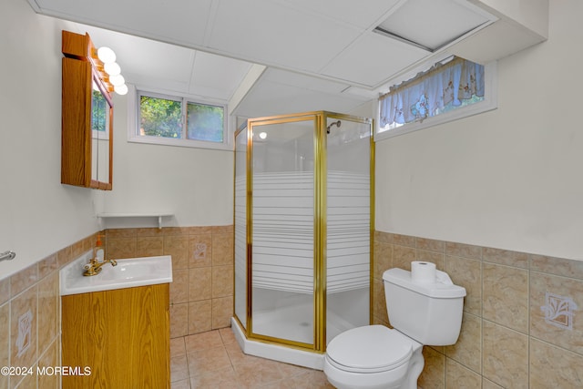 bathroom with vanity, a shower with shower door, a healthy amount of sunlight, and toilet