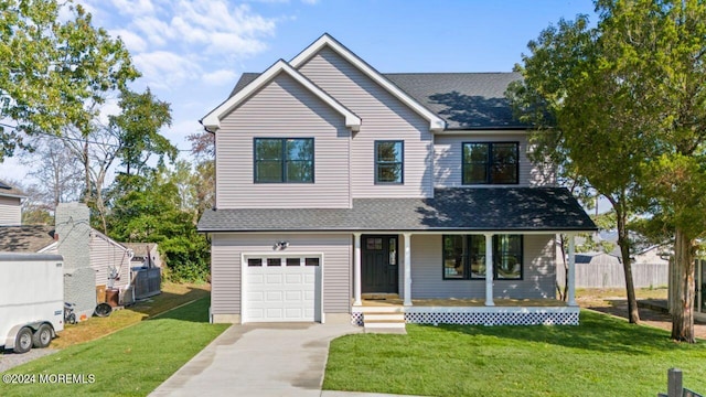 view of front of property featuring a porch, a garage, and a front yard