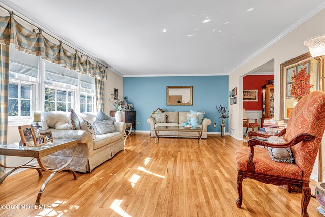 living room featuring ornamental molding and light hardwood / wood-style floors