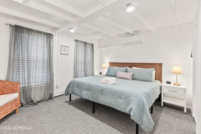 carpeted bedroom with beamed ceiling and a wall mounted air conditioner