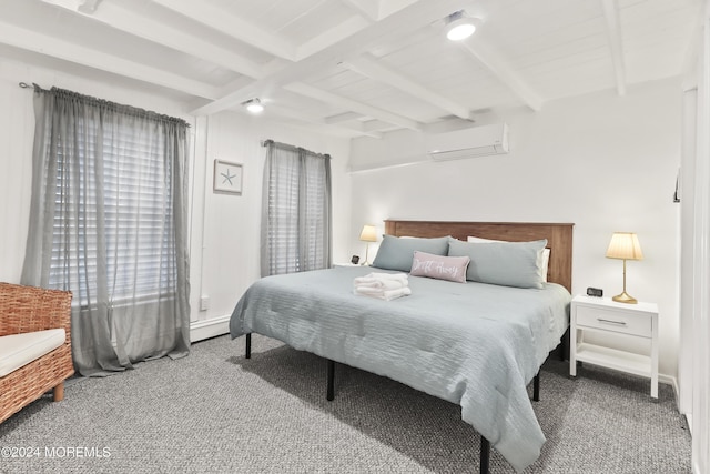 carpeted bedroom featuring beam ceiling and a wall unit AC