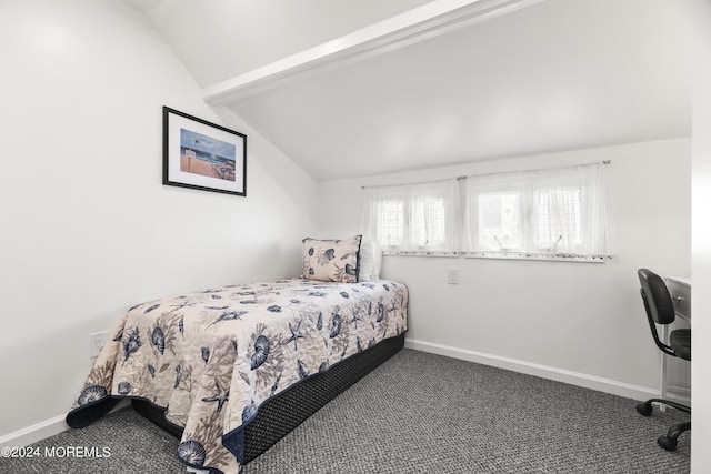 carpeted bedroom with lofted ceiling with beams and baseboards