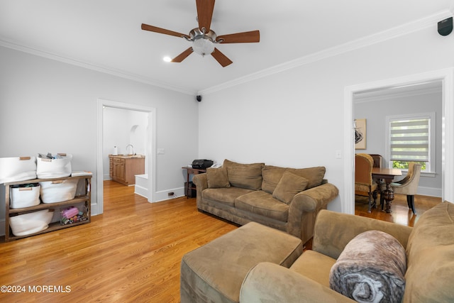 living room featuring light hardwood / wood-style flooring, ceiling fan, ornamental molding, and sink