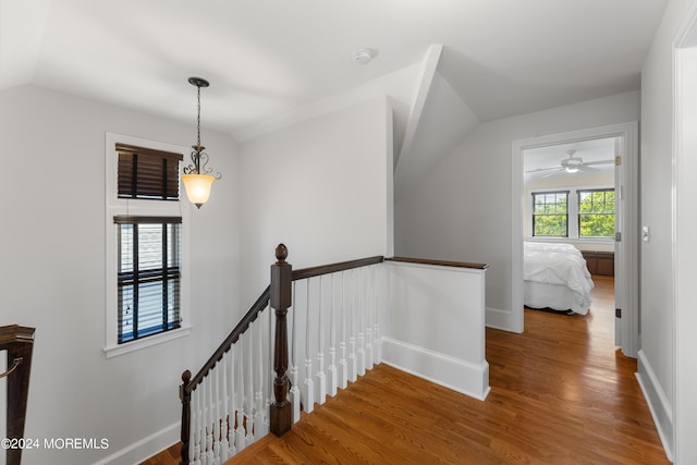 hall featuring vaulted ceiling and hardwood / wood-style floors