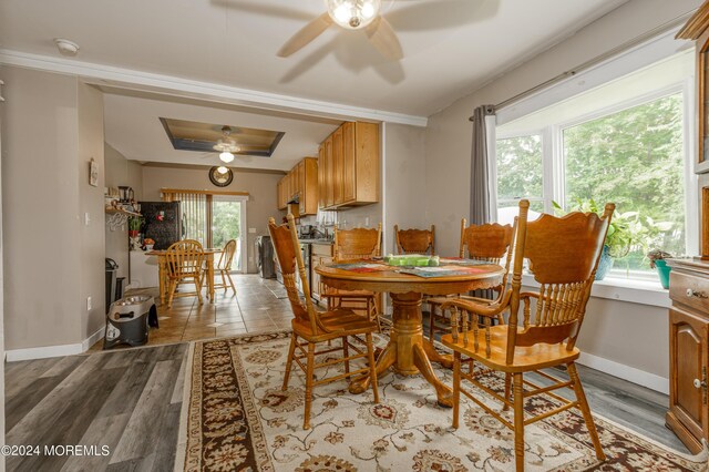 dining room with a raised ceiling, ceiling fan, ornamental molding, and light hardwood / wood-style floors