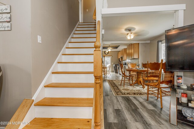 stairway with hardwood / wood-style floors and ceiling fan