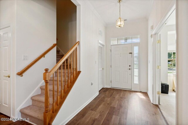 foyer entrance with crown molding, dark hardwood / wood-style flooring, and a notable chandelier