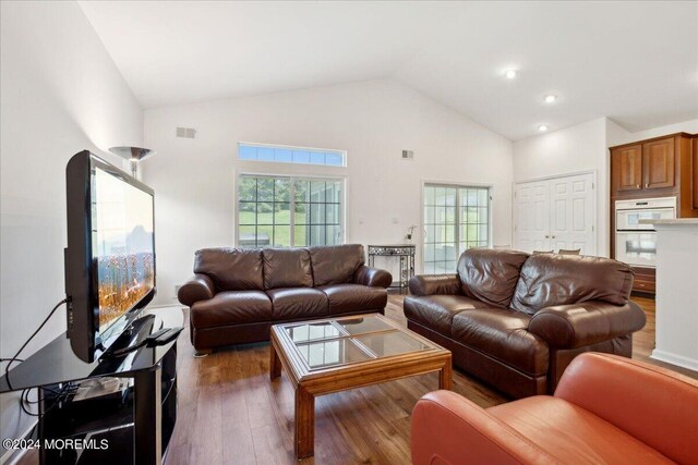 living room with a wealth of natural light, dark wood-type flooring, and high vaulted ceiling