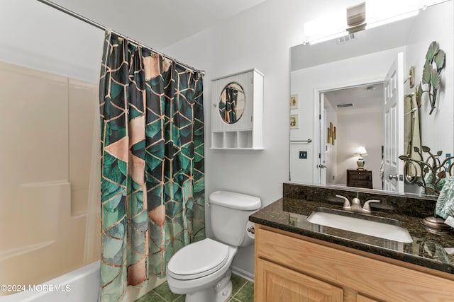 full bathroom with vanity, tile patterned flooring, toilet, and shower / tub combo with curtain