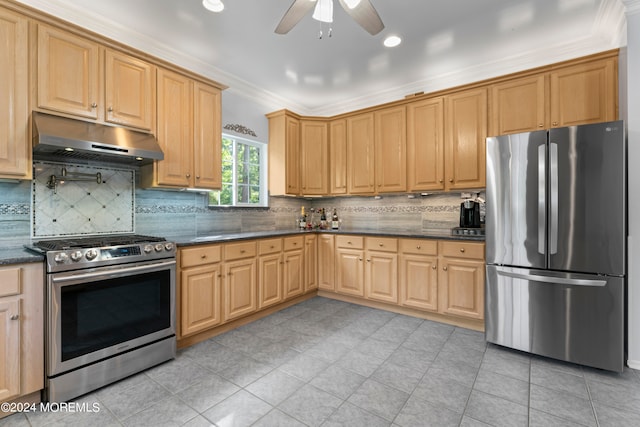 kitchen with ceiling fan, appliances with stainless steel finishes, tasteful backsplash, and crown molding