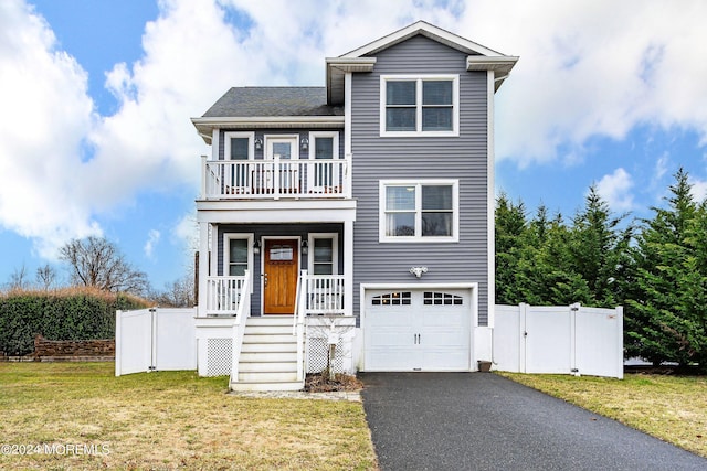 view of front of house with a balcony, a porch, a garage, and a front lawn