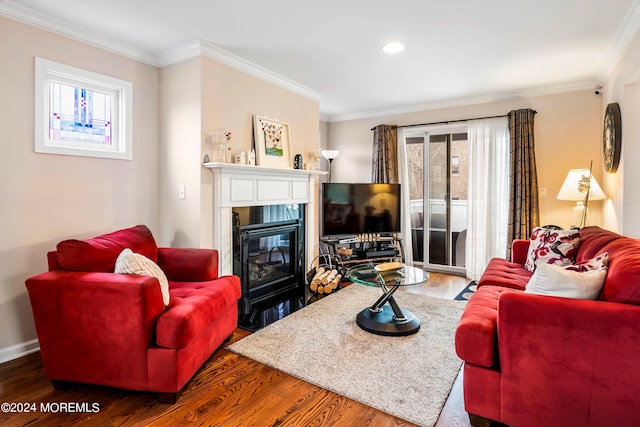 living room featuring a fireplace with flush hearth, ornamental molding, and wood finished floors