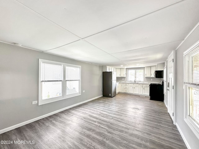 unfurnished living room with wood-type flooring and sink