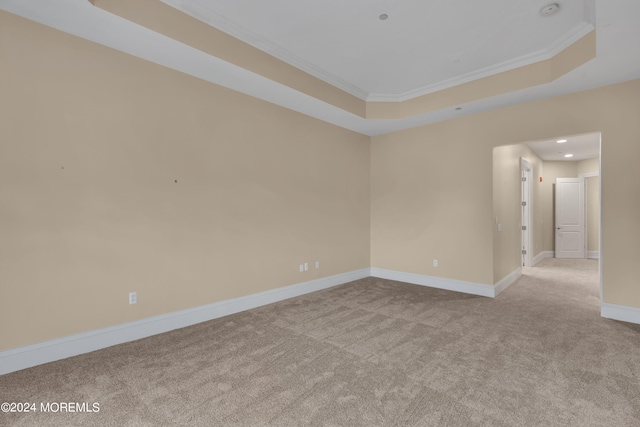 empty room with a raised ceiling, ornamental molding, and light carpet