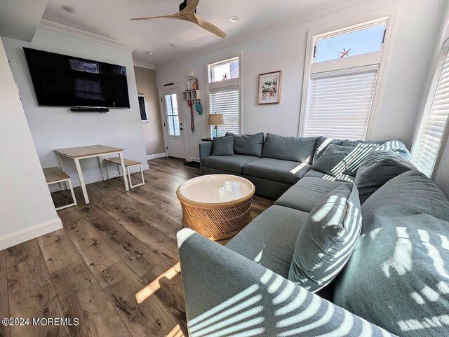 living room featuring ornamental molding, ceiling fan, and dark hardwood / wood-style floors