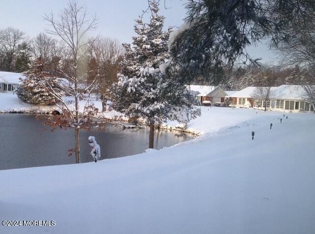 yard layered in snow featuring a water view