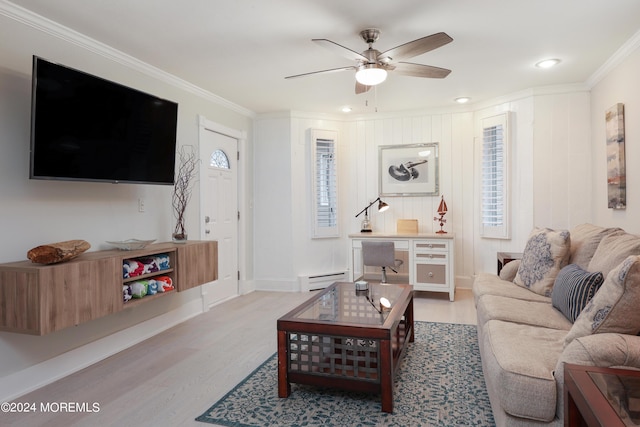 living room with ceiling fan, light wood-type flooring, ornamental molding, and baseboard heating