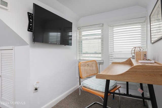 office space featuring carpet floors, plenty of natural light, and lofted ceiling