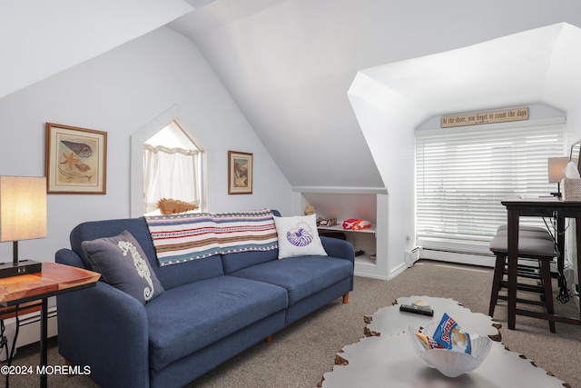 carpeted living room with vaulted ceiling