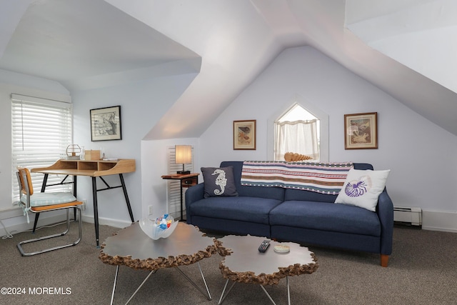 carpeted living room featuring a baseboard radiator and vaulted ceiling