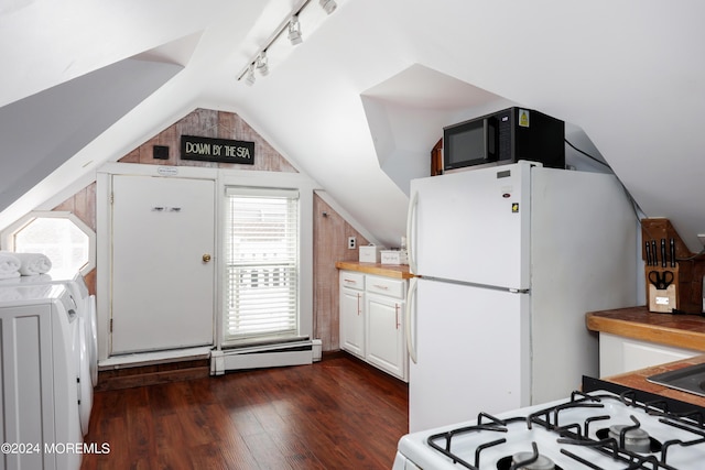 kitchen featuring lofted ceiling, white appliances, dark wood-type flooring, a baseboard heating unit, and white cabinets