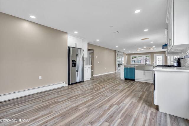 kitchen featuring a baseboard heating unit, light hardwood / wood-style floors, white cabinetry, kitchen peninsula, and stainless steel appliances