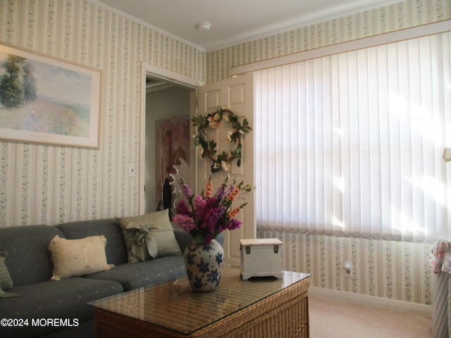 living room featuring ornamental molding and carpet floors