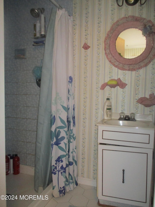 bathroom with vanity, tile patterned floors, and a shower with shower curtain