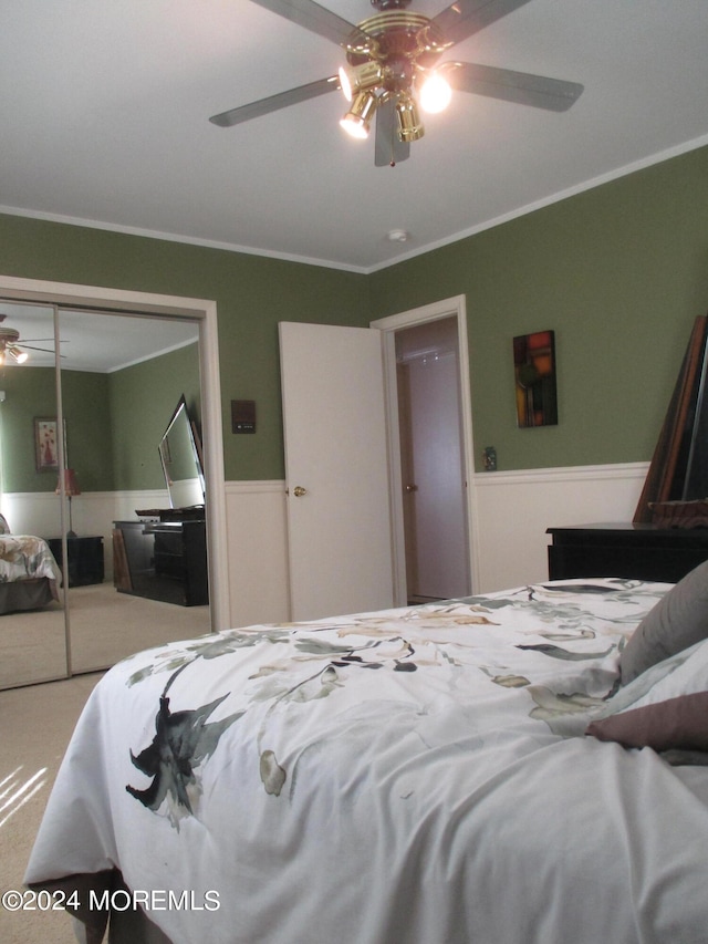 bedroom with ceiling fan, ornamental molding, a closet, and carpet flooring