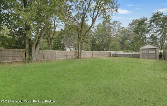 view of yard with an outdoor structure, a storage shed, and a fenced backyard