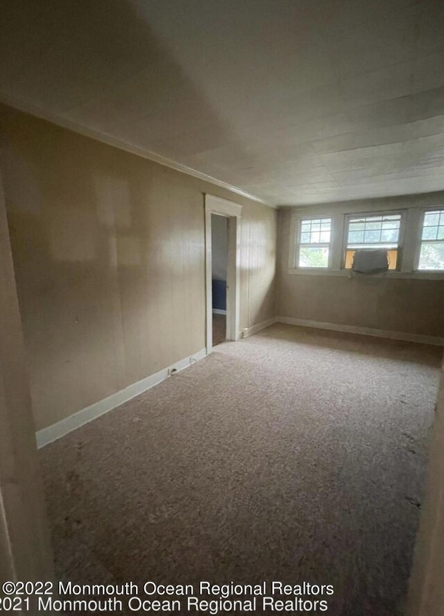 unfurnished room with carpet flooring and ornamental molding