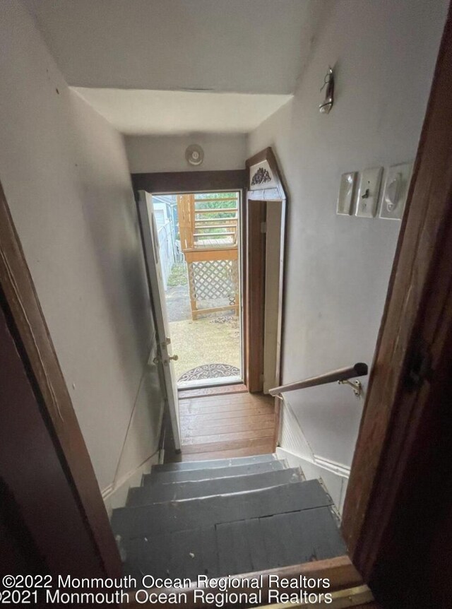 staircase with wood-type flooring