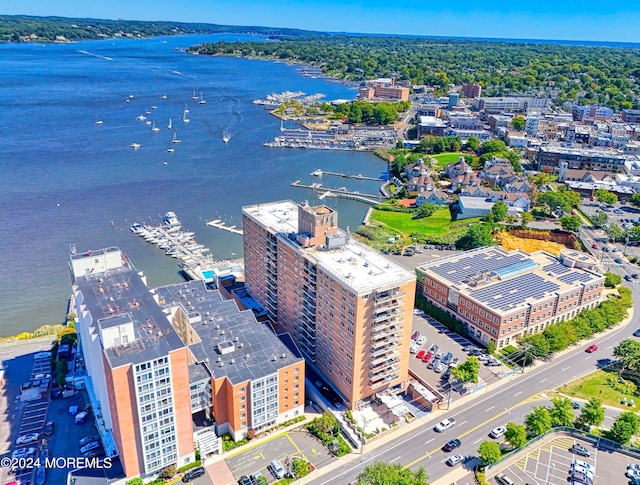 birds eye view of property featuring a water view