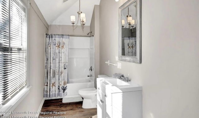 52 Liberty St, Long Branch, NJ 07740 - full bath with toilet, vaulted ceiling, vanity, wood finished floors, and shower / bathtub combination with curtain