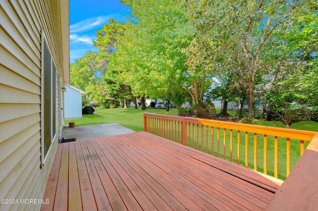 wooden terrace with a lawn