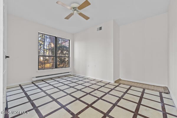 unfurnished room with a baseboard heating unit and ceiling fan