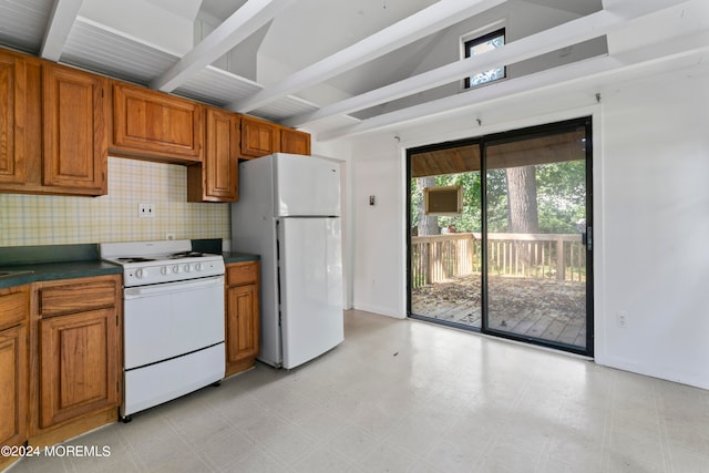 kitchen with beamed ceiling, tasteful backsplash, and white appliances