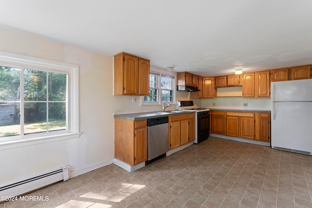 kitchen with dishwasher, white refrigerator, sink, black gas range oven, and a baseboard radiator