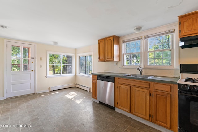 kitchen with plenty of natural light, sink, a baseboard radiator, white gas range, and stainless steel dishwasher