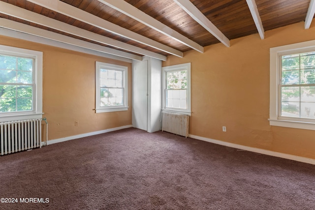 carpeted spare room featuring beamed ceiling, radiator heating unit, and a healthy amount of sunlight