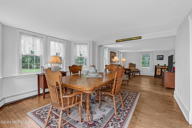 dining space with a healthy amount of sunlight and light hardwood / wood-style floors