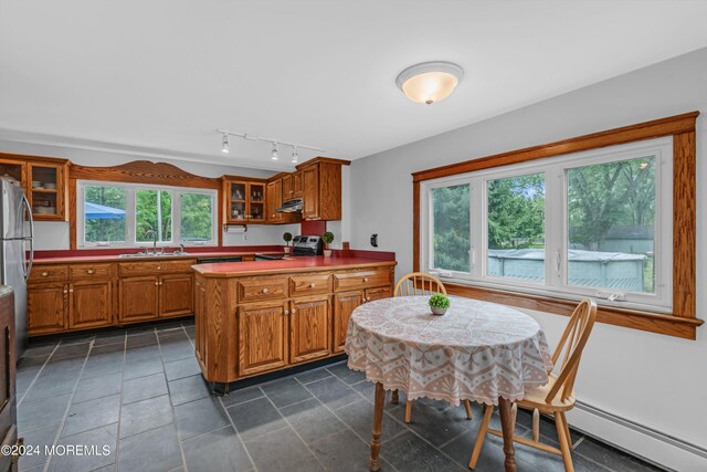 kitchen with a baseboard heating unit, stainless steel appliances, sink, and a healthy amount of sunlight