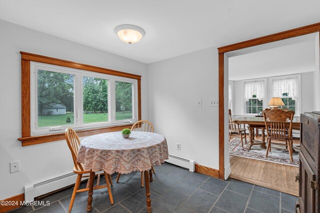 dining area with a baseboard radiator and dark hardwood / wood-style floors