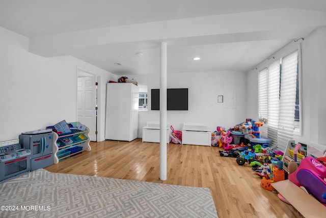 rec room with light hardwood / wood-style flooring