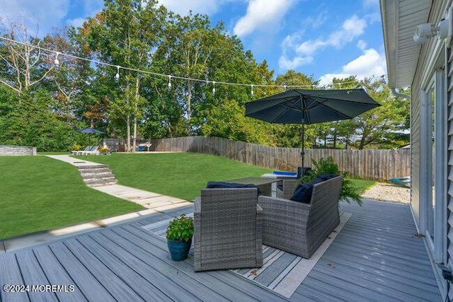 wooden terrace featuring a fenced backyard and a yard