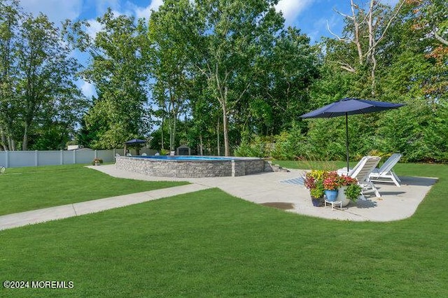 view of yard with a patio area, a fenced backyard, and an outdoor pool