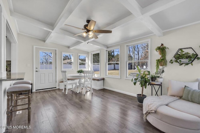 sunroom featuring ceiling fan, beamed ceiling, and coffered ceiling