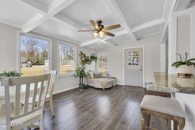 sunroom / solarium with beam ceiling, coffered ceiling, and ceiling fan