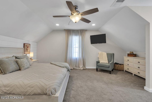 bedroom with carpet, visible vents, vaulted ceiling, and ceiling fan