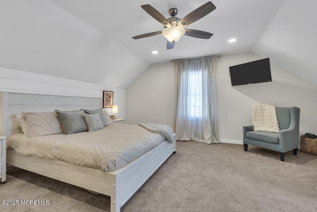 bedroom with a ceiling fan, lofted ceiling, carpet flooring, and recessed lighting